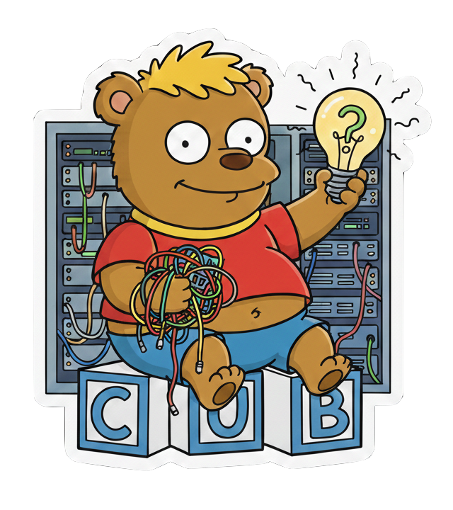 Cub mascot - a bear cub tangled in server wires holding a lightbulb